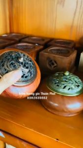 LƯ XÔNG TRẦM TRÒN  BẰNG GỖ HƯƠNG LOẠI DÀY ĐẸP   - NẮP RỒNG PHƯỢNG