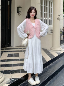 Sweet Gentle White Salt Series Womens Knitted Vest Two-Piece Set Autumn New Arrival Casual High Waist V-Neck A-Line Dress