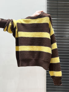 เสื้อสเวตเตอร์คอตั้งแขนยาวหนาสำหรับผู้หญิง ฤดูใบไม้ร่วง/ฤดูหนาว เสื้อชั้นในสีเหลือง ลายทาง คอกลม แฟชั่นสำหรับผู้หญิง