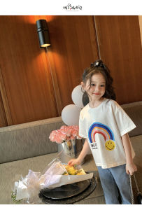 Melo Cotton Girls T-shirt 2025 New Fashion Brand Loose Short Sleeve Letter Printing Round Neck Childrens Top 短袖
