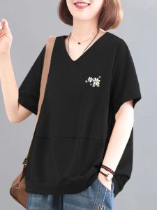 Summer New Style Loose Casual Short Sleeve V-Neck Slimming Pure Cotton plus Size Versatile Heart-Shaped Neck T-Shirt
