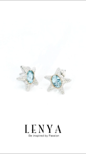LENYA ต่างหูพลอยบลูโทแพซ เสริมความมั่นใจ ชัดเจน ปัญญา ขนาด 6x4 มิล ตัวเรือนเงินแท้925 ชุบทองคำขาว