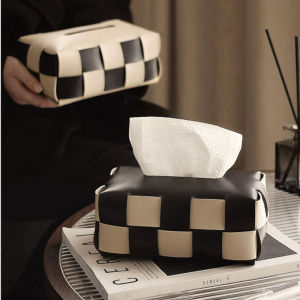 Drawout paper box storage box tissue box black and white chessboard woven leather vehicle-mounted tissue box high-end living room table tissue box