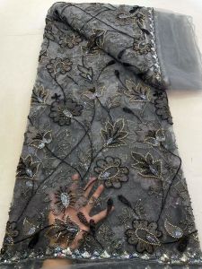 Luxury African Sequins Lace Fabric 5 Yards Lace Beaded Tulle Lace Fabric Embroidered Nigeria Fabric for Wedding Dress