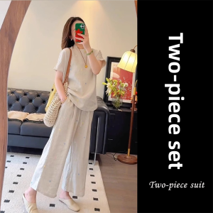 Shalldoer | New Chinese Style Set Womens Summer Apricot Button Short Sleeve Casual Long Pants Two Piece Set Round Neck Other 100% Material