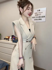 Elegant Fashionable High Waist Midi Dress Womens Double Buttoned Slimming Dress Korean Style Commute Pure Color Summer 2024