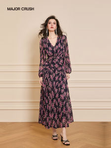 Vintage French Fog Blue Kitten V-Neck Long Dress Flowered Waist-tightening