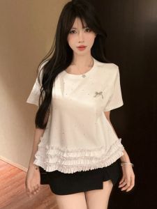 GUZILIAN | Kingswind High-End Short-Sleeve Glitter T-Shirt Womens Summer Pure Desire Heavy Embellished Short-Shoulder Short-Length Top