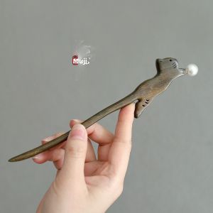 Original Design Pearl Cat Hairpin Green Sandalwood Hair Accessories Fun Quirky Girls Hairpins Versatile Daily Cute