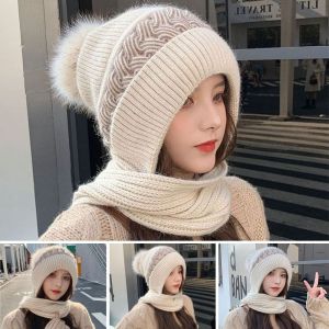 A4427 Knitted Integrated Cap Scarf Thickening Windproof Neck Warmer Winter Warm Ear Protection Cap Women