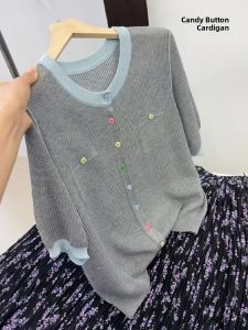 UYFY | Korean Style Round Neck Short Sleeve Knitted Open Cardigan Womens Fashionable Summer New Grey Color Button Design Top