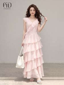 Unique Beautiful Design Ruffled Pink Sleeveless Maxi Dress
