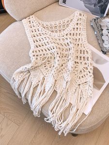 Áo Len Không Tay Ngắn Dệt Kim Mùa Hè Cho Nữ Áo Khoác Ngoài Mỏng Tua Rua Hở Lưng Thời Trang Công Sở Phong Cách Hàn Quốc