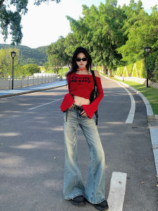 Ideal Leggings Vintage Denim Flared Pants Womens Autumn New Small Size Retro Slimming Long Trousers Low Waist Cotton Blend