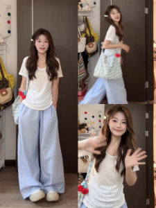 White Short Sleeve Womens T-Shirt 2024 New Summer Waist-Cinching Half Sleeve Slim Fit Large Collar Casual Cotton Blend Top