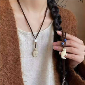 Korean Style Retro Cat Necklace Charms Minority Design Beaded Necklace Jewelry Accessories Small Ornament Clavicle Chain
