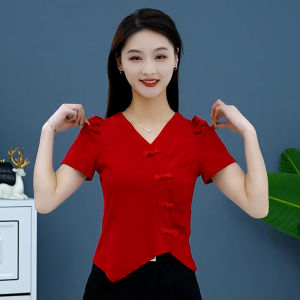 Slim Fit Pure Cotton Short Sleeve T-Shirt Womens V Neck Summer New Style Casual Versatile Top for Young Professional Women