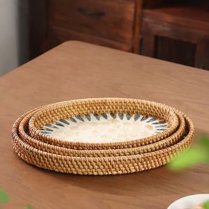 ถาดเปลือกหอยวงรีขอบหวายถัก สไตลฺเอเชียตะวันออกเฉียงใต้ วางประดับห้องนั่งเล่น ถาดเปลือกหอยใส่ผลไม้ สีน้ำเงิน