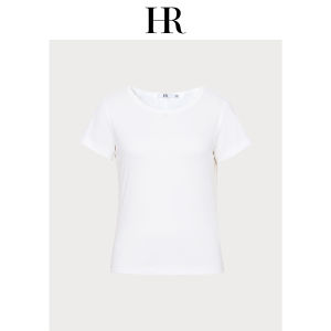 HR | เสื้อยืดคอกลมสีขาวพื้นสำหรับผู้หญิง HR เสื้อเชิ้ตทรงเข้ารูปสไตล์เกาหลี แขนสั้น ผ้าผสมคอตตอนและไนลอน