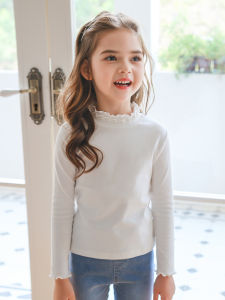 เสื้อยืดคอกลมแขนยาวผ้าฝ้ายผสมสำหรับเด็กผู้หญิง เสื้อชั้นในสีขาว ทรงเข้ารูป ทรงหลวม ฤดูใบไม้ร่วง/ฤดูหนาว เสื้อผ้าเด็ก แฟชั่น