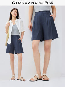 Giordano Womens Casual Trousers Pleated Half Elastic Waist Loose Wide Leg Woven Short Pants Artistic Style Commute Pants