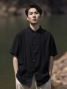 Retro Style Short Sleeve Stand Collar Mens Shirt Chinese Traditional Tang Suit Button Decorated Loose Fit Summer Fashion