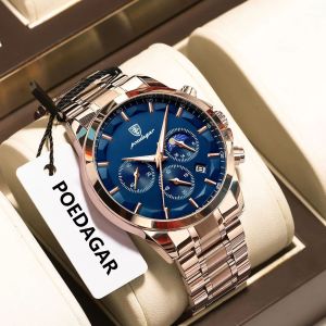 POEDAGAR Luxury Man Watch Waterproof Luminous Stainless Steel Men Wristwatch Chronograph Date Fashion Quartz Mens Watches Reloj