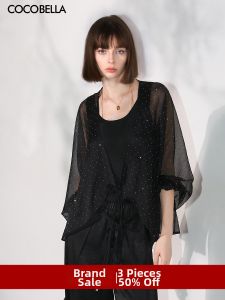 COCOBELLA | Coral Shimmer Drilled Micro-See-Through Batwing Cardigan Blouse