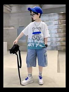 Quần áo bé trai size đại 28kg đến 45kg phong cách Hàn Quốc với áo ngắn tay và quần short jean túi hộp đồ bộ bé trai mùa hè 2023 hàng Quảng Châu cao cấp