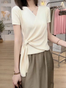 Black Ice Silk Short Sleeve Knit Top with Waist Tying