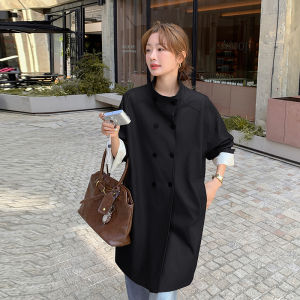Khaki PU Leather Jacket Womens Mid-Length Double-Breasted Coat Spring Autumn New Style Korean Design Sense Leather Coat