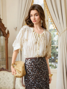 BADINA | Áo Blouse Chiffon Nữ Thêu Nếp Luxurious