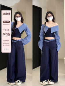 Checkered Shirt And Wide Leg Pants Set with Double Waist Head Splicing Korean Style One Shoulder Design by Jushu Workshop