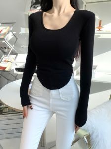 Early Spring and Autumn Pure Desire U-Neck Tight Long Sleeves T-shirt Tops Womens Slim Fit Inner Wear Chest-Flattering Large Curved Hem Bottoming Shirt