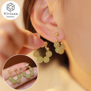 Viviann Original Exquisite 925 Sterling Silver Four Hetian Jade Stud Earrings Summer Womens Retro Style U-Shaped Earrings Gold For Woman Korean Crystal Fashion Jewelry Unusual Accessories Girls