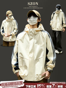 Mens Spring Autumn Hooded Climbing Jacket Color Block Polyester Fiber Windproof Casual Fashion Outerwear SZON Brand