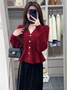 Red V-Neck Knitted Sweater Womens Fashion Slim Fit Short Top Korean Style Commute Pure Color Long Sleeve Autumn Winter New Year