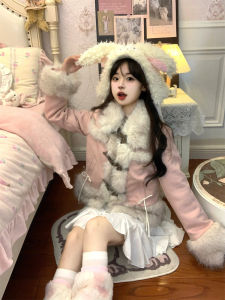 Tokyo Original Pink Sheep Suede Butterfly Horn Button Fur Stuffed Outwear Winter Thick Style Cotton-Padded Coat for Women