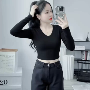 Áo croptop cổ tim tay dài KVYBODY A43 chất cotton borip lụa dày mịn co giãn thích hợp mặc ở nhà đi chơi đi du lịch