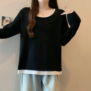 plus Size Color Block round Neck Knitted Sweater Loose Long Sleeve Base Layer Inner Wear Autumn Winter Fat MM Meat Concealing Slimming