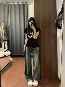 Street Style Short Sleeve Black T-Shirt for Women with Creative Letter Print Slim Fit Summer Wear Ins Vibe สไตล์ฮ่องกง