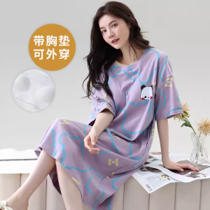 Cotton Sleep Dress for Women with Chest Pad Short Sleeves Summer Style Mid Length Plus Size Comfortable Homewear