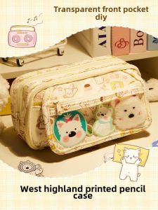 Transparent Large Capacity Pencil Case for Girls Stationery Box High Aesthetic Value West Highland Terrier Design Canvas Material