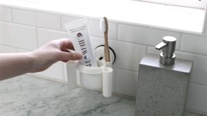 FECA Adjustable Absorbent Wall-Mounted Toothbrush & Toothpaste Holder – Water-Resistant with Anti-Rust ABS Cups (White/Silver)