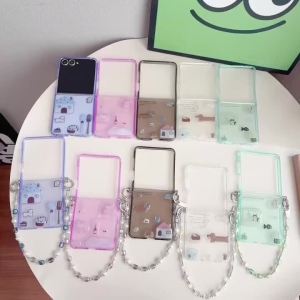 Korean Cute Cat & Fish Pattern Stickers Transparent Anti-drop Case For Samsung Galaxy Z Flip 8 7FE 6 5 With Pearl Bracelet Cover