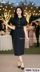 Váy Thiết Kế MDU5224 Mango Ý Đen Midi Ôm Nhẹ Cổ Bẻ Tròn Hoa Đính Ánh Kim Thanh Lịch Từ MDU