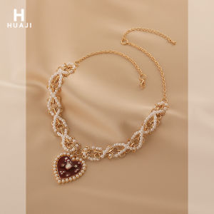 Huaji Heart Necklace Womens Fancy Elegant Heart-Shaped Pearl Necklace New Year Lucky Gift All-Match Clavicle Chain
