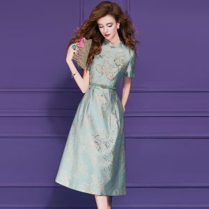 Blue Young Style Womens Dress Waist Inward Summer New Chinese National Fashion High Waist A-Line Midi Skirt with Beads