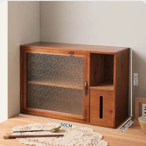 Viral Wooden Tea Set Desktop Storage Box with Tissue Box Retro Double Layer Cup Dustproof Cabinet Rectangular Shaped Handmade