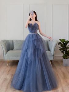High-End Luxury Blue Mesh Gown for Bridesmaids 22-Style Sleeveless Long Dress with Glass Drill Ornament for Performance and Party